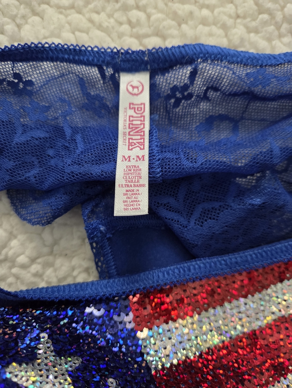 PINK Victoria's Secret Sequin American Flag Bikini Panty- Red White Blue Medium - Picture 3 of 3